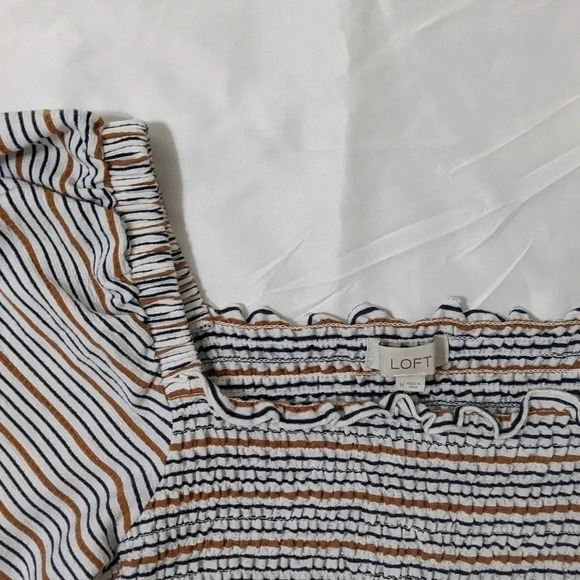 LOFT Striped Square Neck Puff Sleeve Top, Color White/Blue/Yellow Size M - Picture 5 of 13